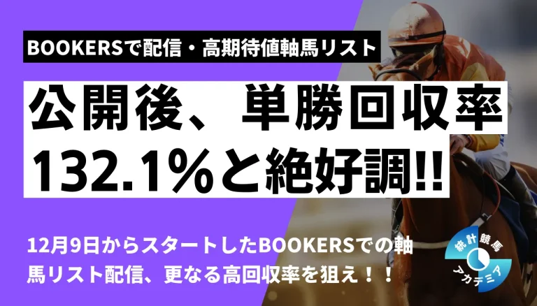 BOOKES配信対象馬、公開後の単勝回収率132.1%!!基準オッズと組み合わせて、更なる単勝高回収率を狙う！！│統計競馬アカデミア